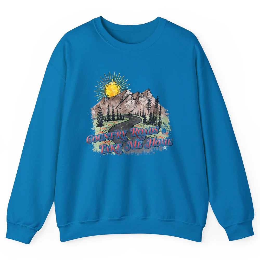 Retro Mountain Sunset Country Roads Take Me Home Western Unisex Crewneck Sweatshirt