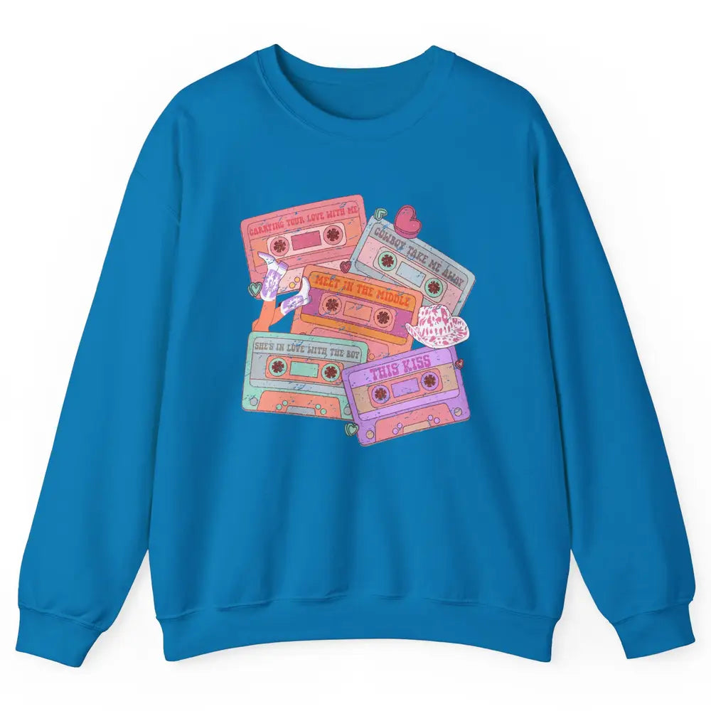 Retro Cowgirl Cassette 90s Western Country Boots Music Boho Unisex Crewneck Sweatshirt