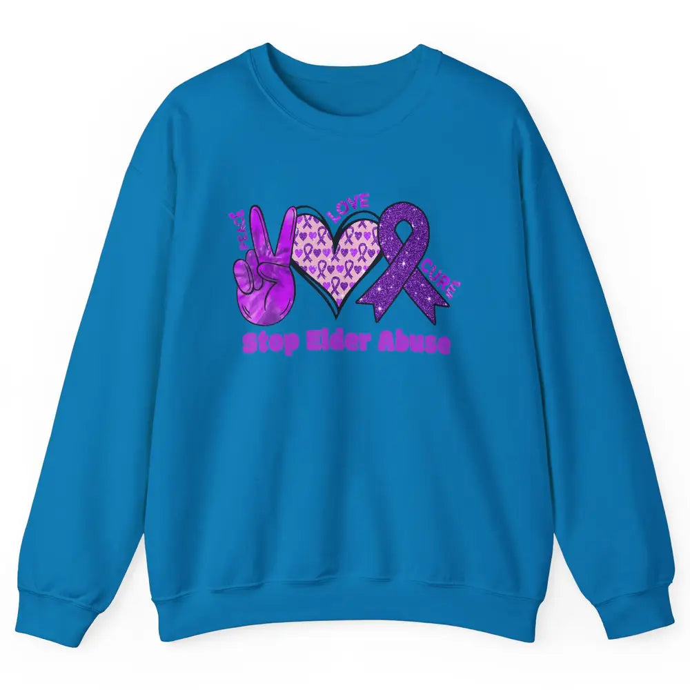 Peace Love Hope Heart Purple Ribbon Elder Abuse Awareness Unisex Crewneck Sweatshirt