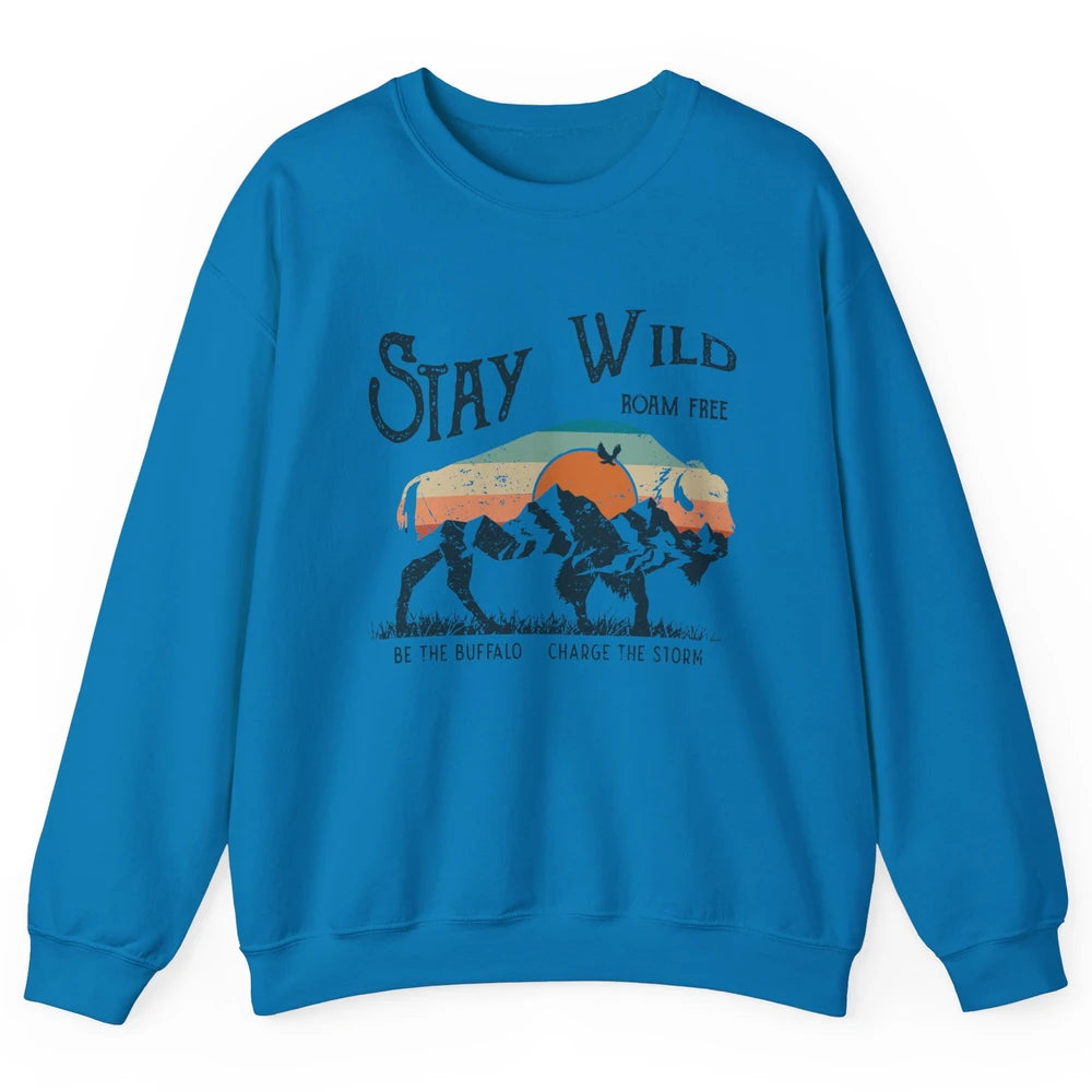 Retro Buffalo Mountain Sunset Stay Wild Roam Free Western Unisex Crewneck Sweatshirt