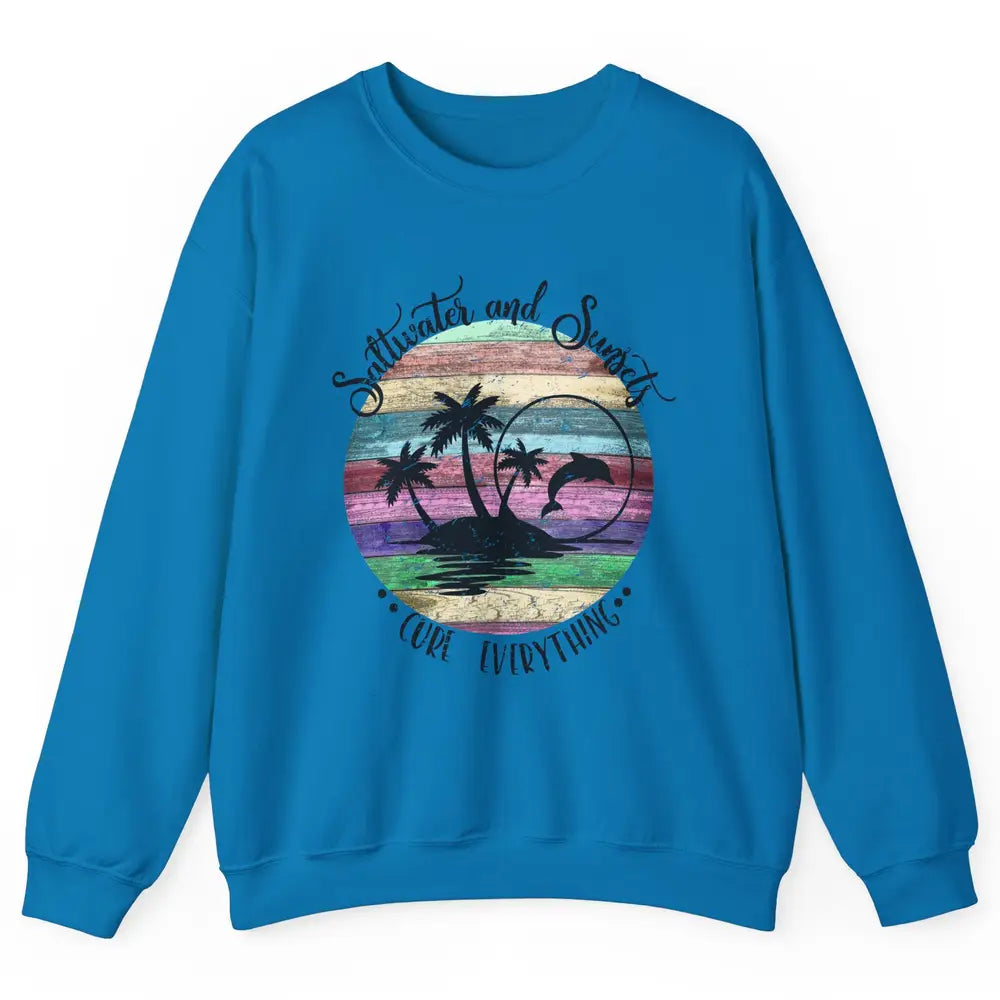 Retro Beach Sunset Saltwater and Sunsets Cure Everything Unisex Crewneck Sweatshirt