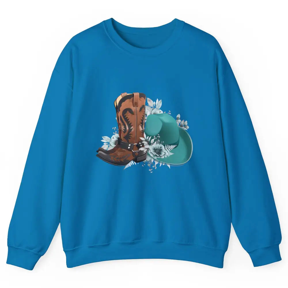 Retro Cowgirl Floral Turquoise Cowboy Boots Rodeo Western Unisex Crewneck Sweatshirt