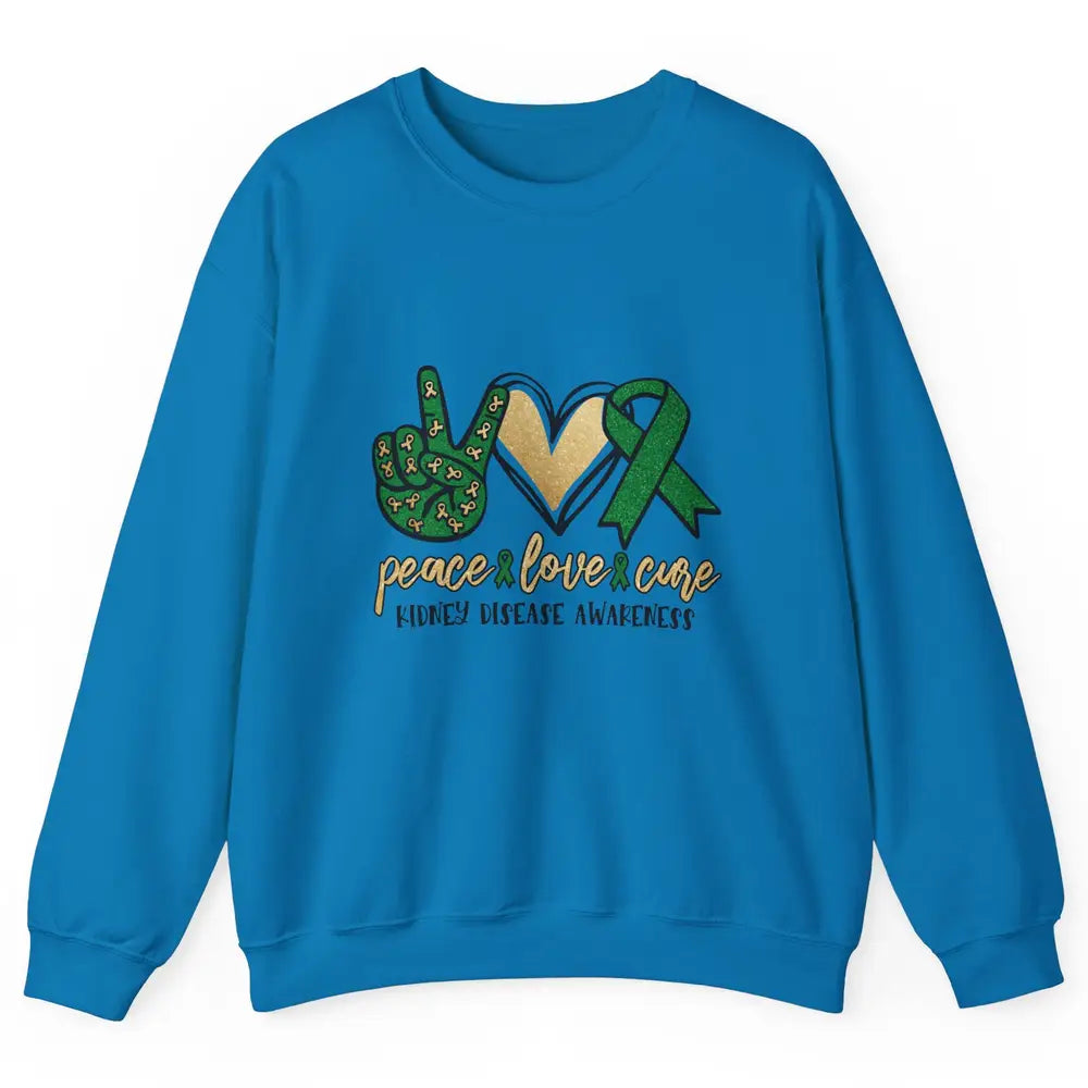 Peace Love Cure Kidney Disease Awareness Green Ribbon Heart Unisex Crewneck Sweatshirt