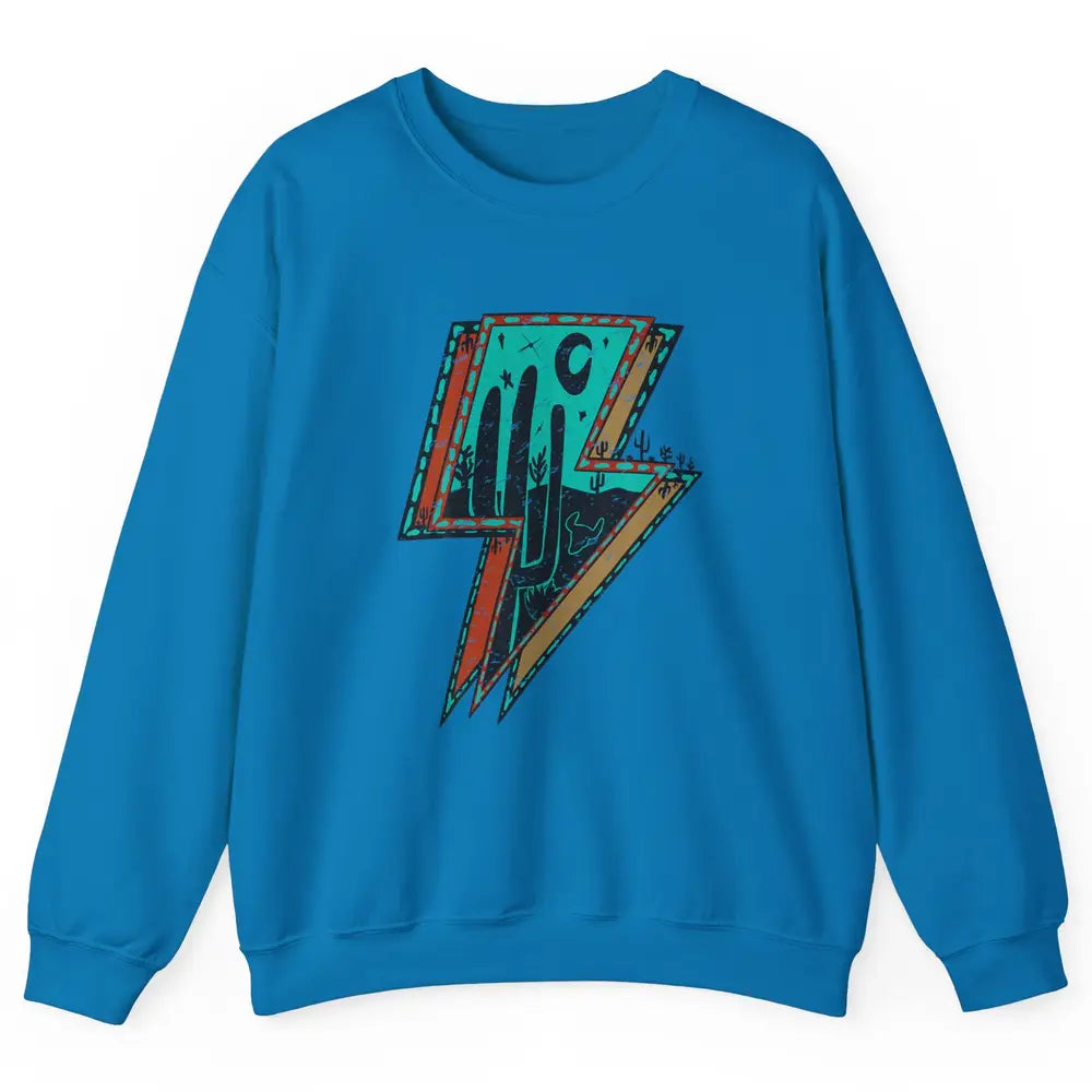 Retro Desert Cactus Night Turquoise Lightning Bolt Western Unisex Crewneck Sweatshirt