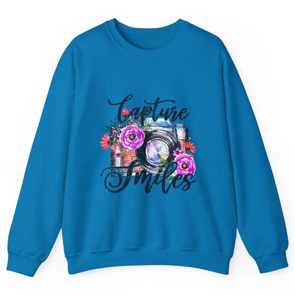 Photography Day Capture Smiles Retro Floral Camera Traveller Unisex Crewneck Sweatshirt
