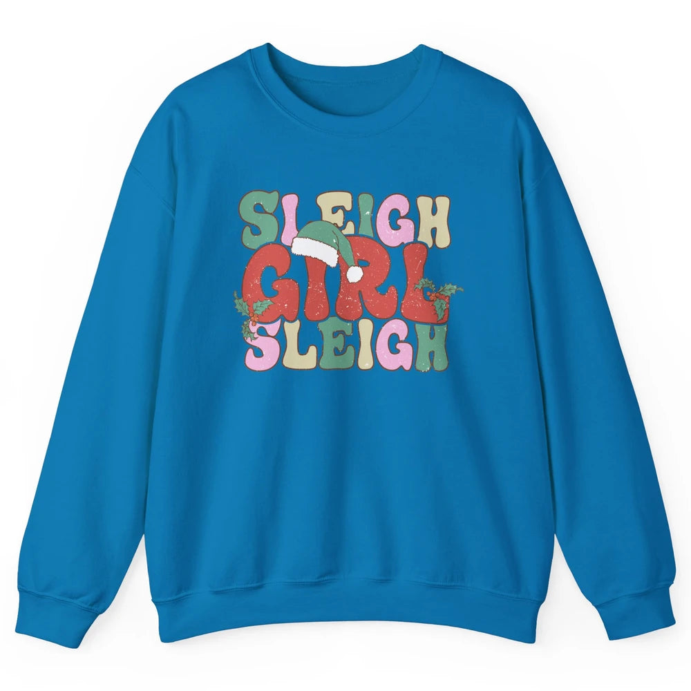 Retro Groovy Christmas Sleigh Girl Sleigh Santa Hat Winter Unisex Crewneck Sweatshirt
