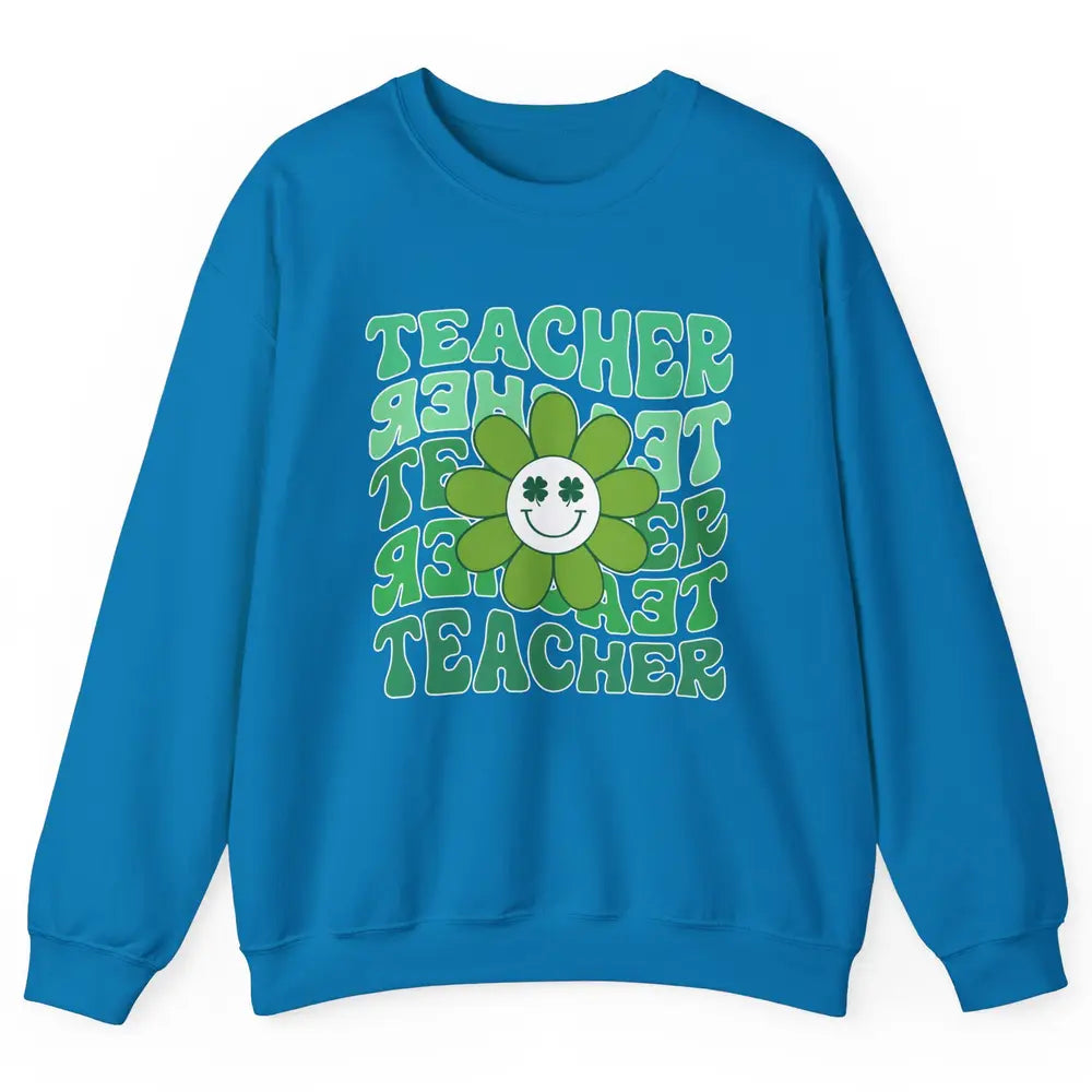 Retro Groovy Wavy Teacher Smiling Face Daisy St Patricks Day Unisex Crewneck Sweatshirt