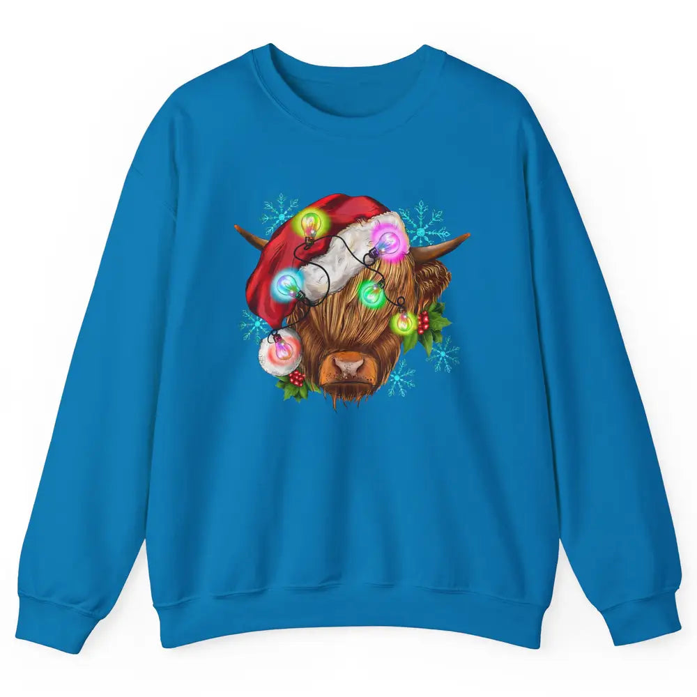 Christmas Highland Cow Xmas Light Western Christmas Cow Unisex Crewneck Sweatshirt