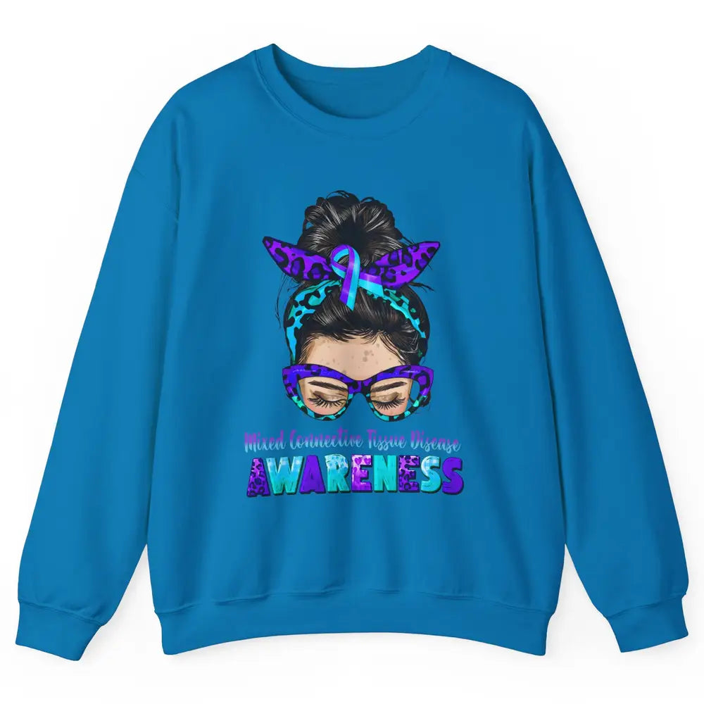 Mixed Connective Tissue Disease Ribbon Leopard Messy Bun Mom Unisex Crewneck Sweatshirt
