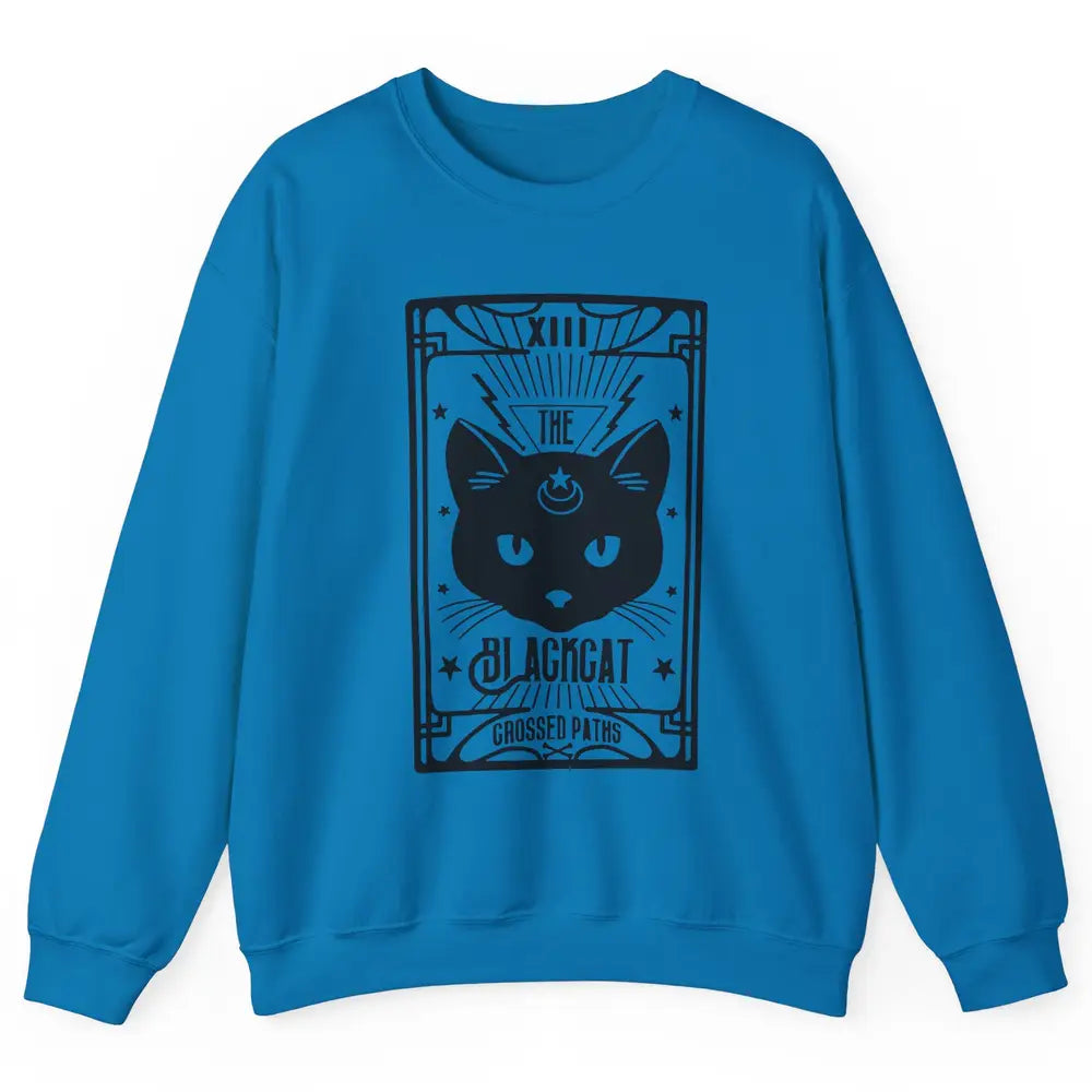 Retro Halloween Black Cat Crossed Path Tarot Card Witchcraft Unisex Crewneck Sweatshirt