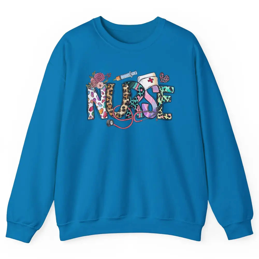 Nurse Life Nursing Registered Therapist Leopard Flower Boho Unisex Crewneck Sweatshirt