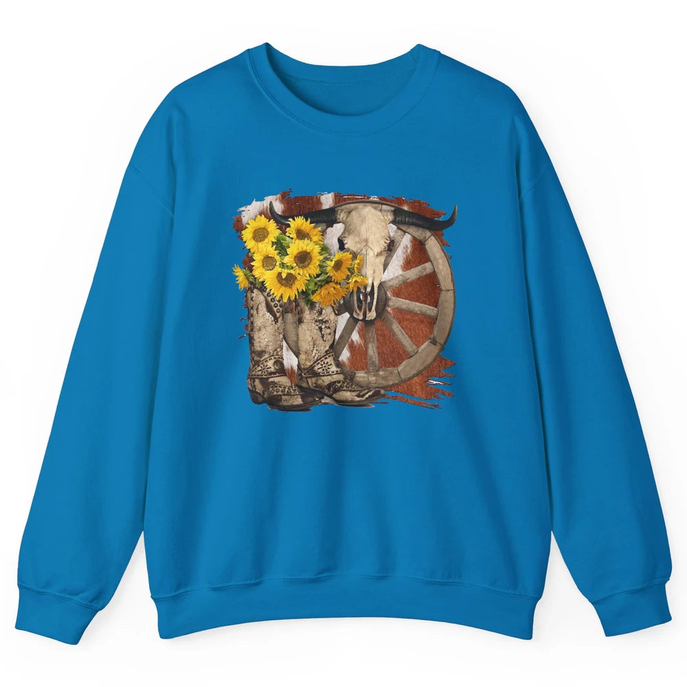 Retro Sunflower Cowgirl Boots Cow Skull Western Country Girl Unisex Crewneck Sweatshirt