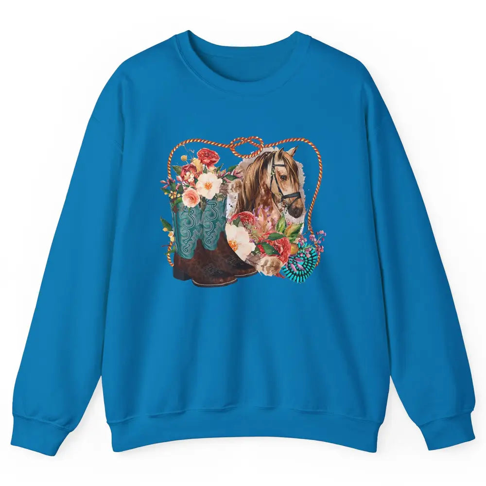 Retro Floral Cowboy Boots And Horse Western Country Cowgirl Unisex Crewneck Sweatshirt
