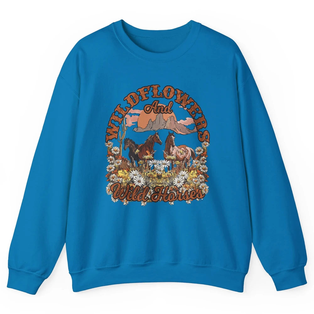 Retro Floral Desert Wildflowers Wild Horses Western Country Unisex Crewneck Sweatshirt