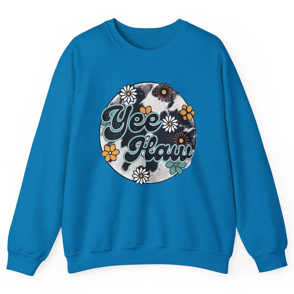 Retro Groovy Daisy Yee Haw Cowhide Western Country Cowgirl Unisex Crewneck Sweatshirt