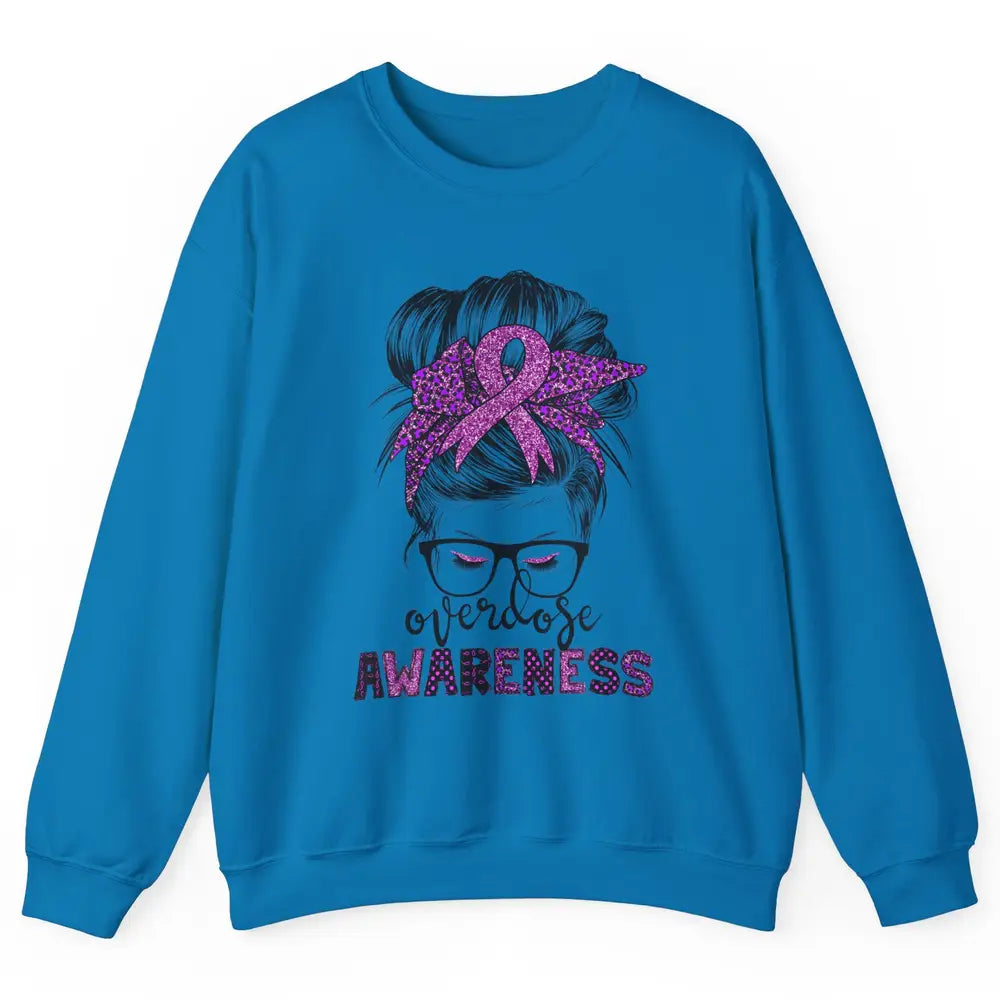 Overdose Awareness Messy Hair Bun Purple Leopard Warrior Unisex Crewneck Sweatshirt