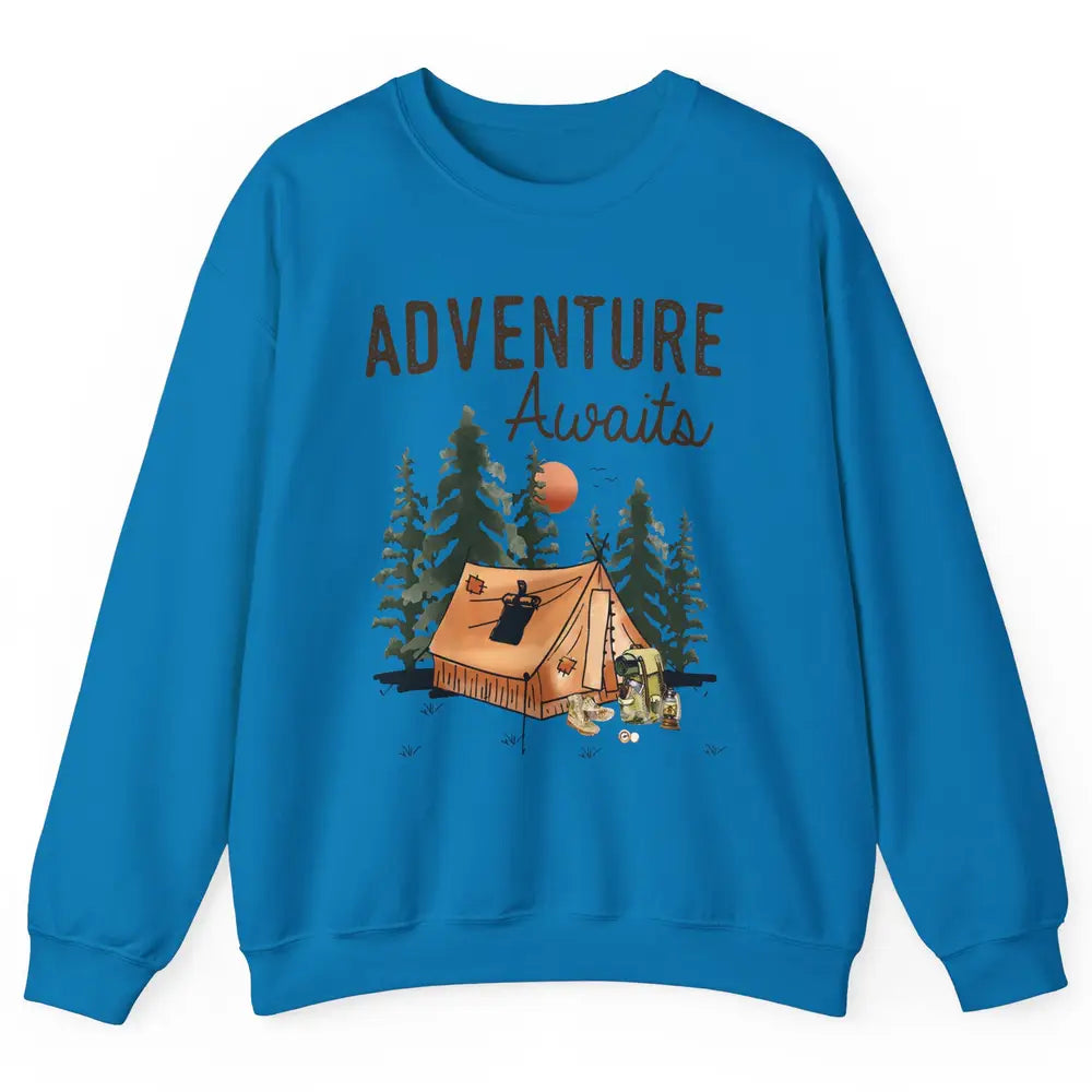 Retro Camping Tent Mountain Sunset Adventure Awaits Campers Unisex Crewneck Sweatshirt