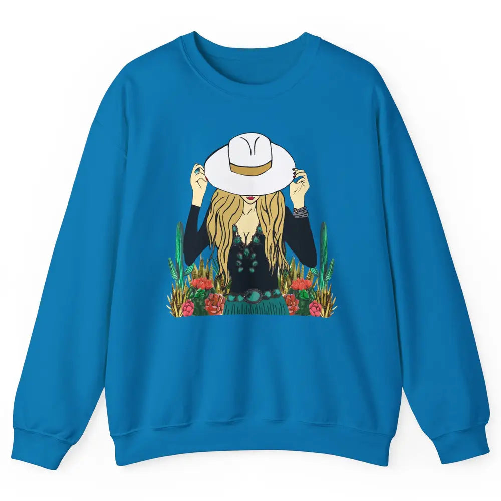 Retro Blonde Cowgirl Punchy Cowhide Turquoise Western Cowboy Unisex Crewneck Sweatshirt