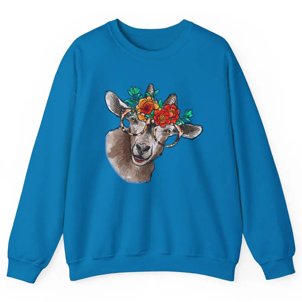 Retro Goat Glasses Flower Goat Girl Goat Lovers Gift Unisex Crewneck Sweatshirt