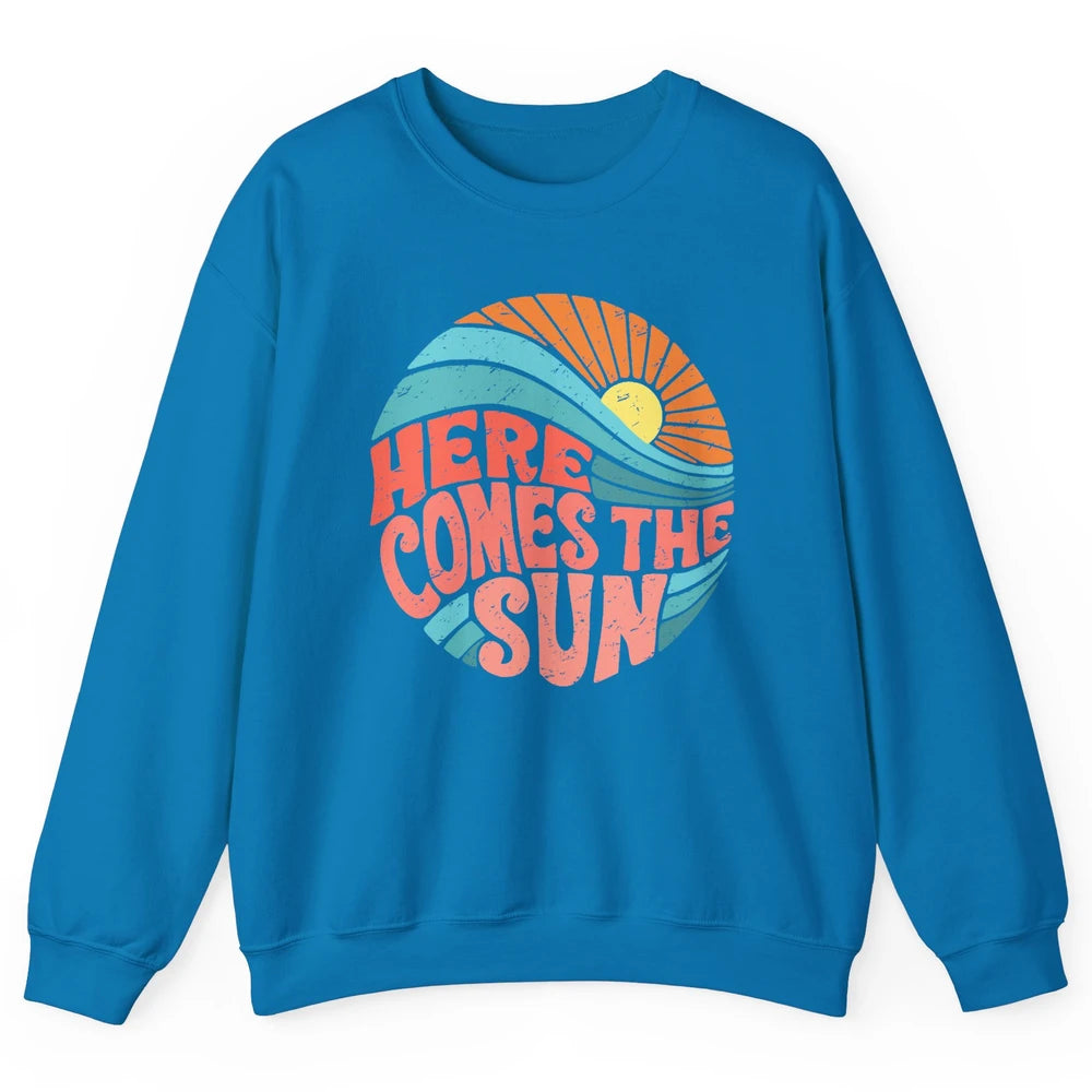 Retro Rainbow Sunrise Here Comes The Sun Hippie Girl Unisex Crewneck Sweatshirt