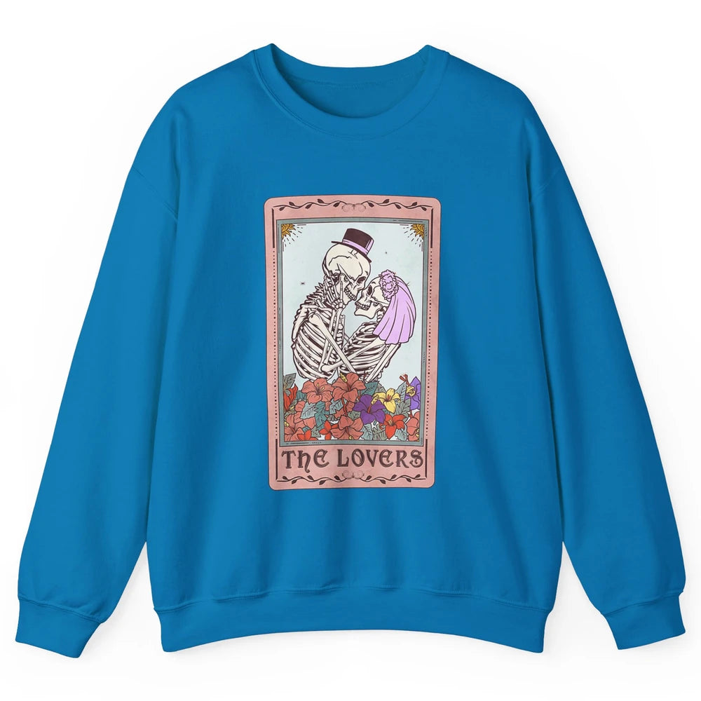The Lovers Funny Skeleton Couple Tarot Card Vintage Valentine Astrology Goth Skull Lover Floral Heart Unisex Crewneck Sweatshirt