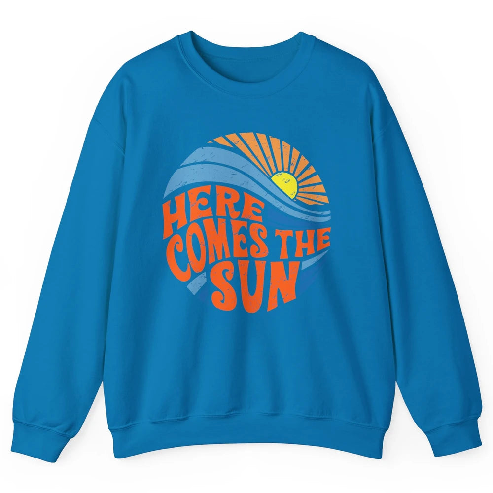 Retro Rainbow Sunrise Here Comes The Sun Hippie Girl Unisex Crewneck Sweatshirt