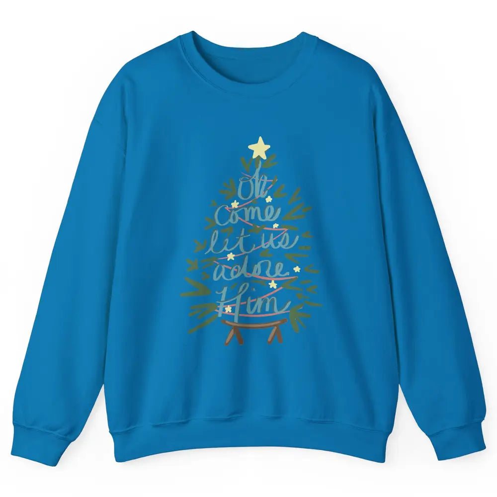 Oh Come Let Us Adore Him Groovy Christmas Tree Church Xmas Unisex Crewneck Sweatshirt