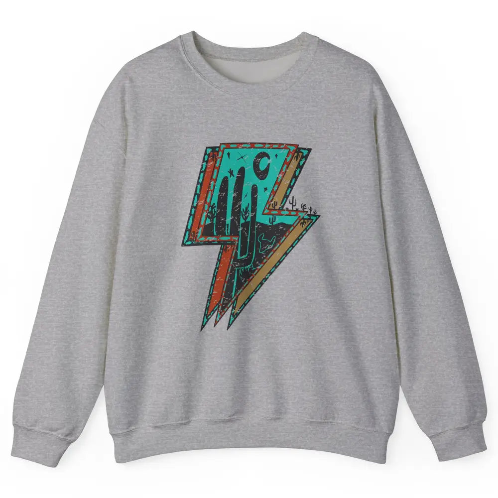 Retro Desert Cactus Night Turquoise Lightning Bolt Western Unisex Crewneck Sweatshirt
