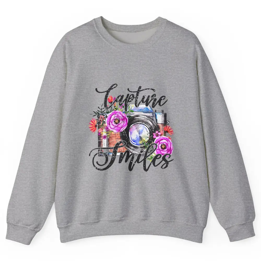 Photography Day Capture Smiles Retro Floral Camera Traveller Unisex Crewneck Sweatshirt