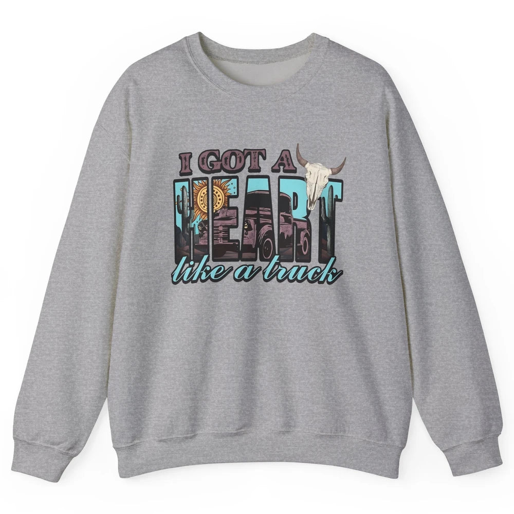 Retro Desert Bull Skull I Got A Heart Like A Truck Western Unisex Crewneck Sweatshirt