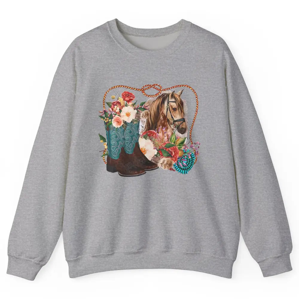 Retro Floral Cowboy Boots And Horse Western Country Cowgirl Unisex Crewneck Sweatshirt