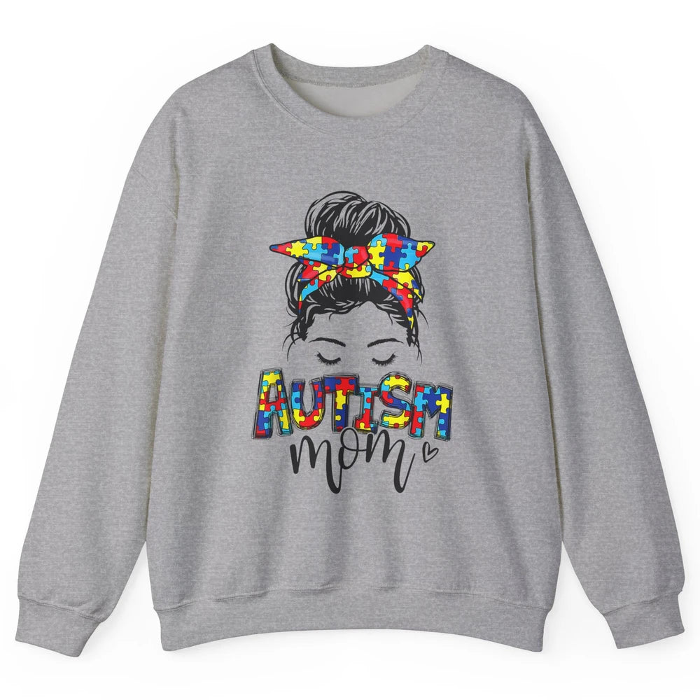 Autism Mom Messy Bun Hair Autism Awareness Puzzle Headband Unisex Crewneck Sweatshirt