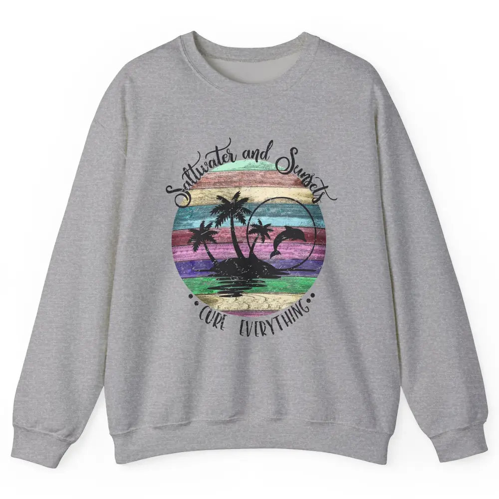 Retro Beach Sunset Saltwater and Sunsets Cure Everything Unisex Crewneck Sweatshirt