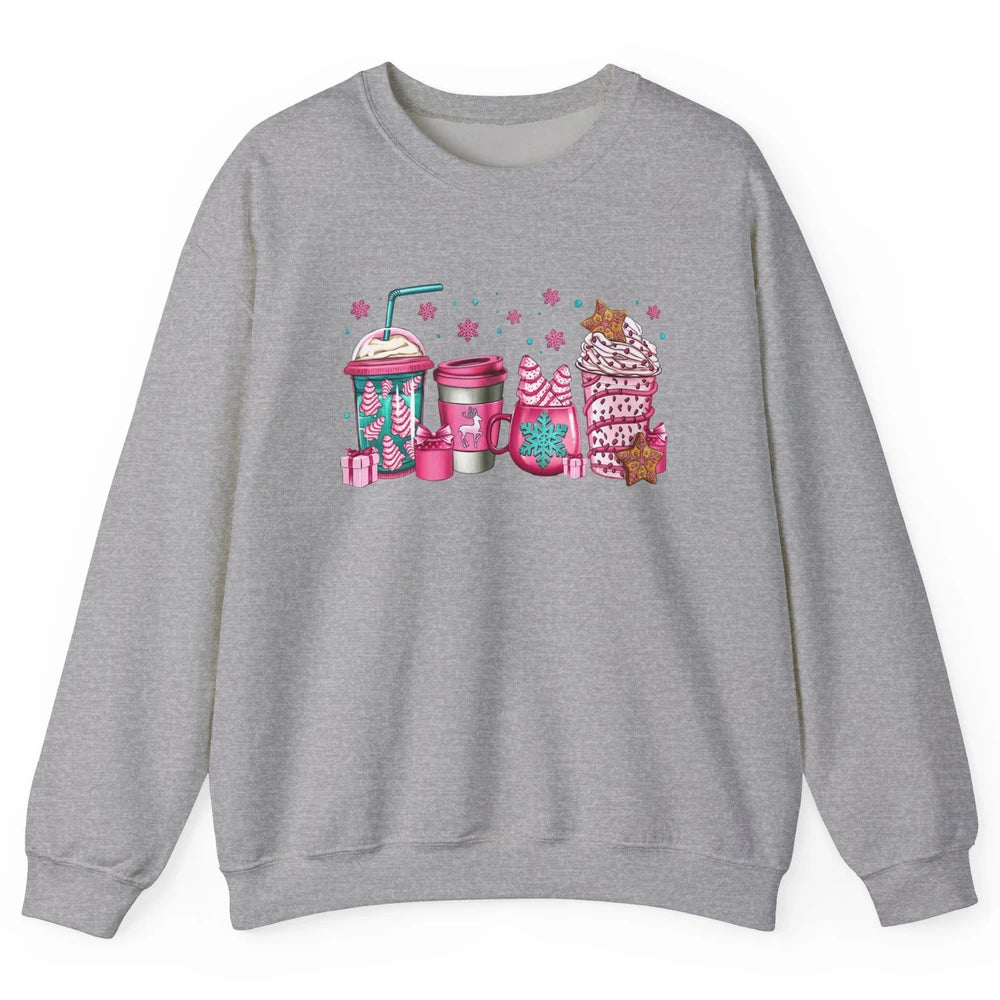 Pink Christmas Coffee Christmas Tree Cake Christmas Lovers Unisex Crewneck Sweatshirt
