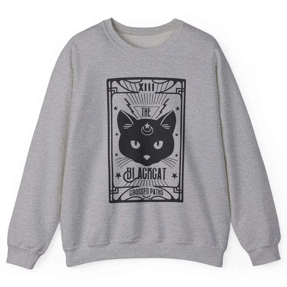 Retro Halloween Black Cat Crossed Path Tarot Card Witchcraft Unisex Crewneck Sweatshirt