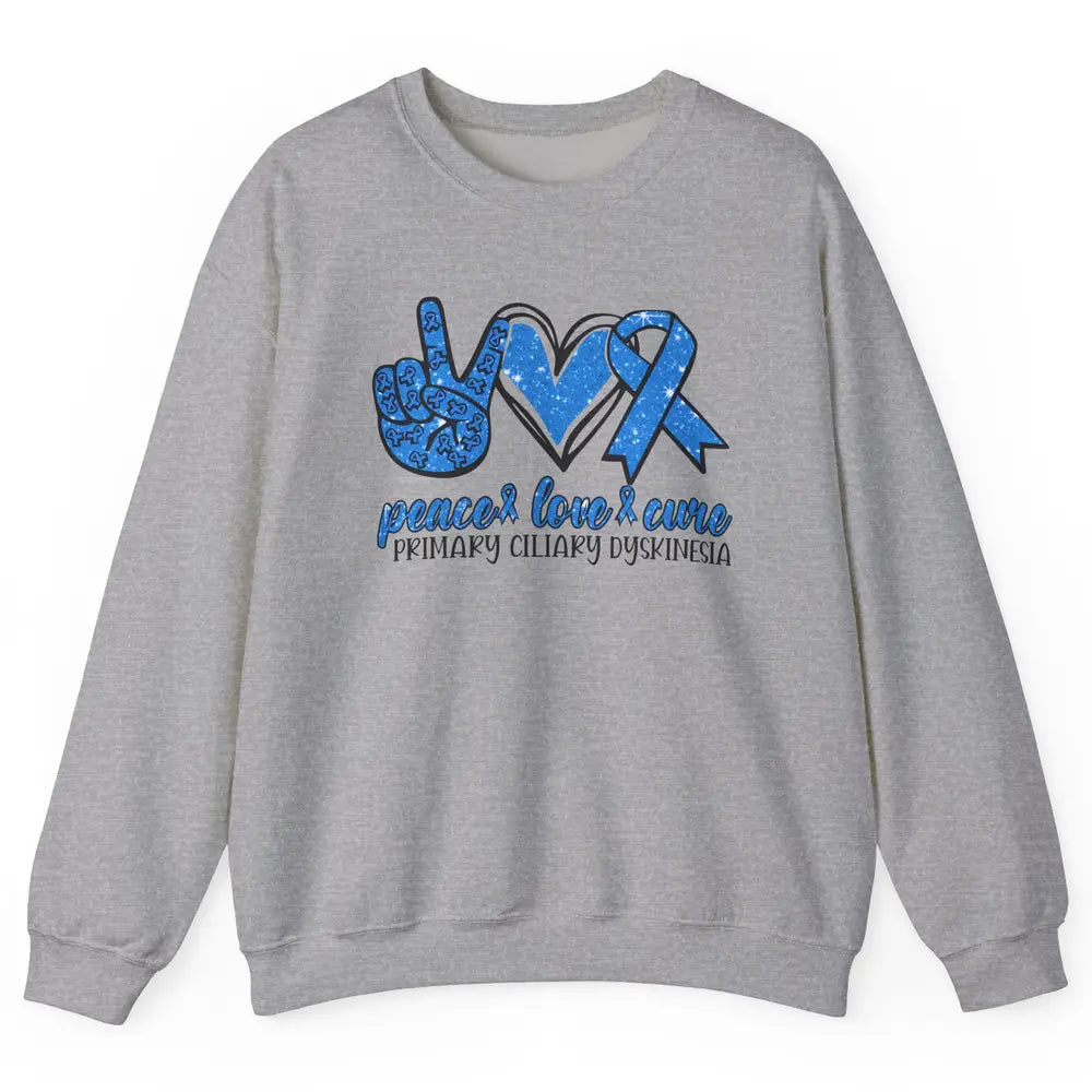 Primary Ciliary Dyskinesia Peace Love Cure Blue Ribbon Unisex Crewneck Sweatshirt