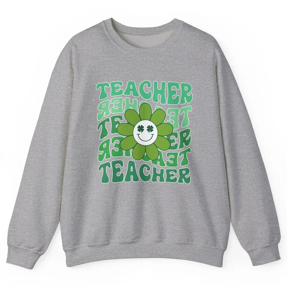 Retro Groovy Wavy Teacher Smiling Face Daisy St Patricks Day Unisex Crewneck Sweatshirt
