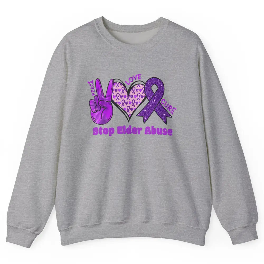 Peace Love Hope Heart Purple Ribbon Elder Abuse Awareness Unisex Crewneck Sweatshirt