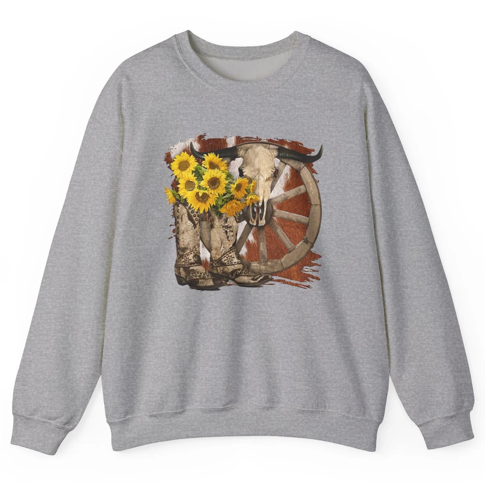 Retro Sunflower Cowgirl Boots Cow Skull Western Country Girl Unisex Crewneck Sweatshirt