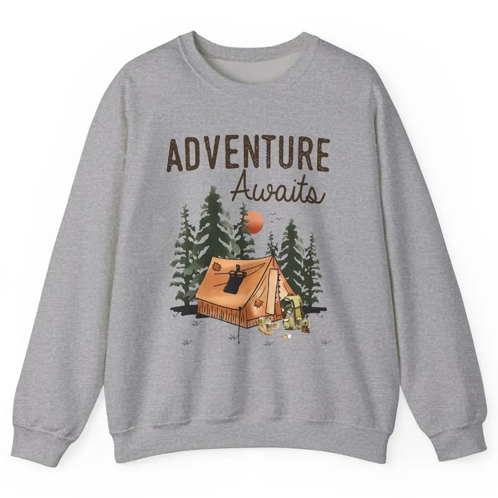 Retro Camping Tent Mountain Sunset Adventure Awaits Campers Unisex Crewneck Sweatshirt