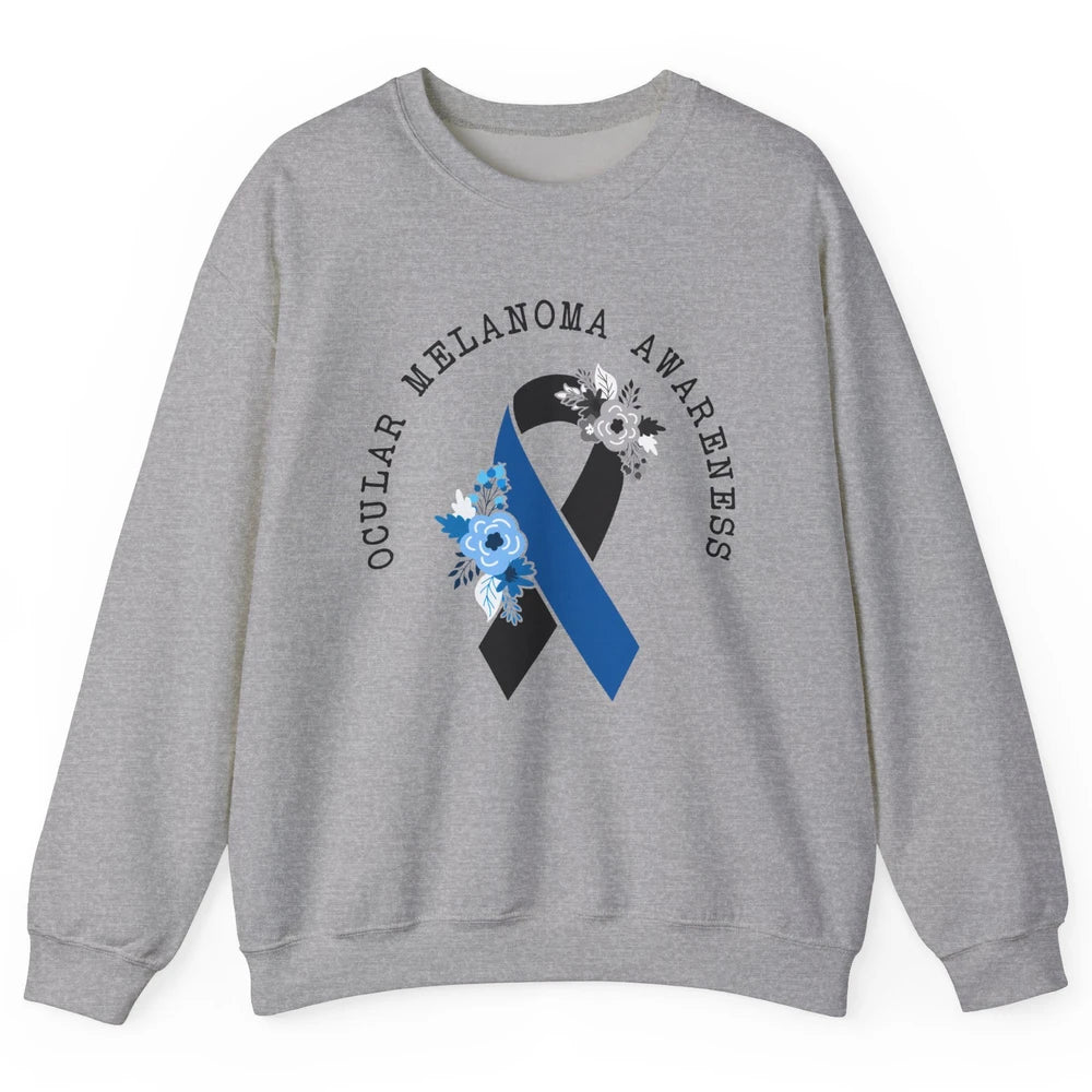 Ocular Melanoma Awareness Floral Black Blue Ribbon Rainbow Unisex Crewneck Sweatshirt