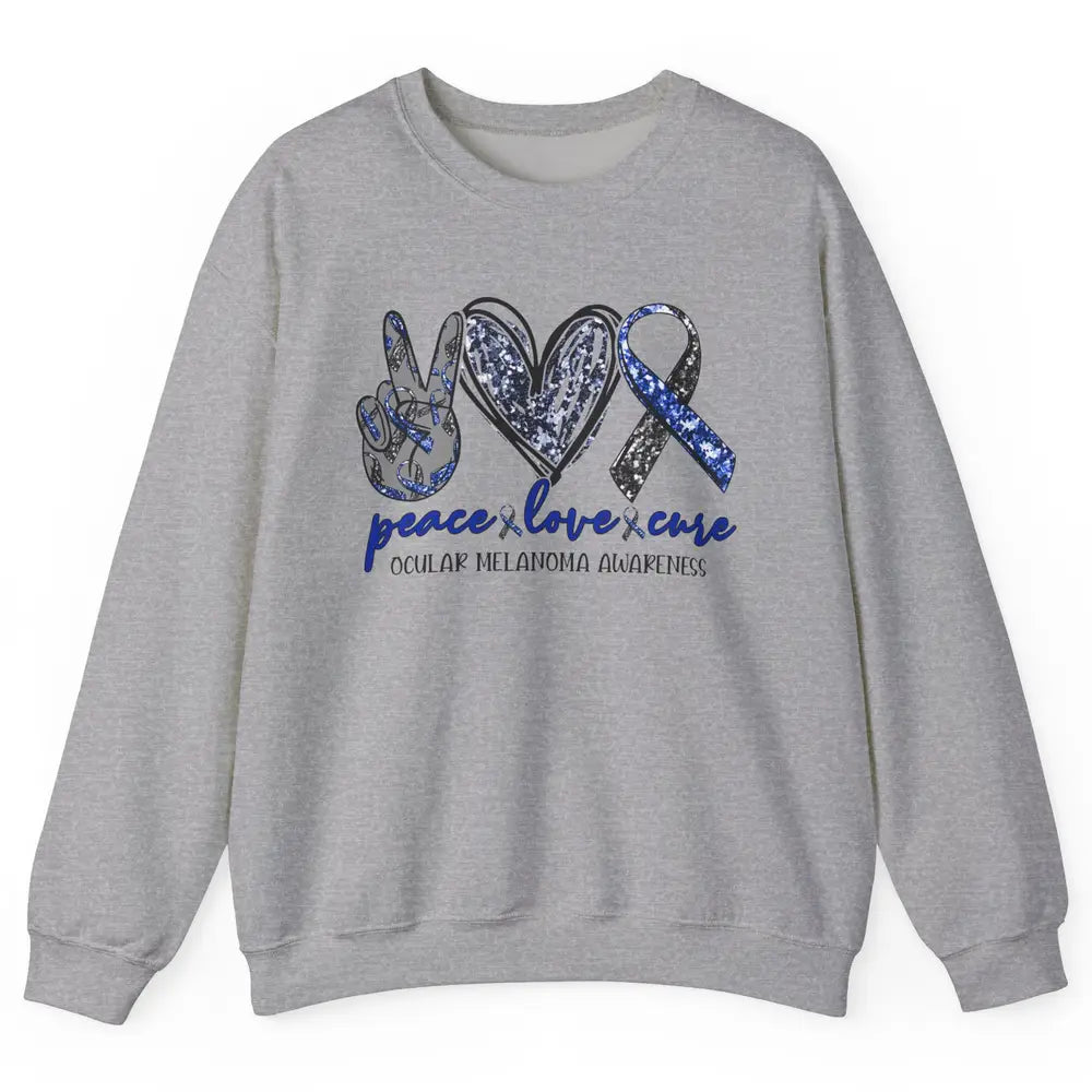 Ocular Melanoma Awareness Peace Love Cure Blue Ribbon Unisex Crewneck Sweatshirt