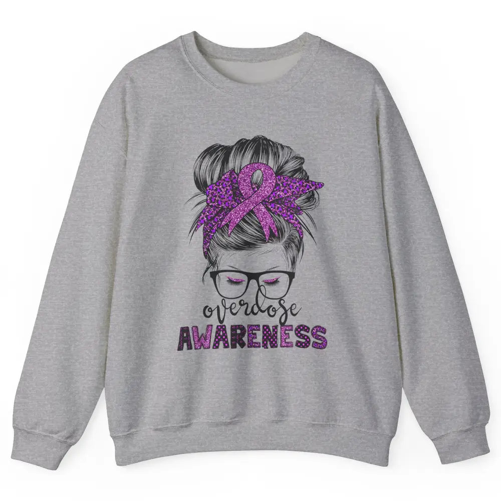 Overdose Awareness Messy Hair Bun Purple Leopard Warrior Unisex Crewneck Sweatshirt
