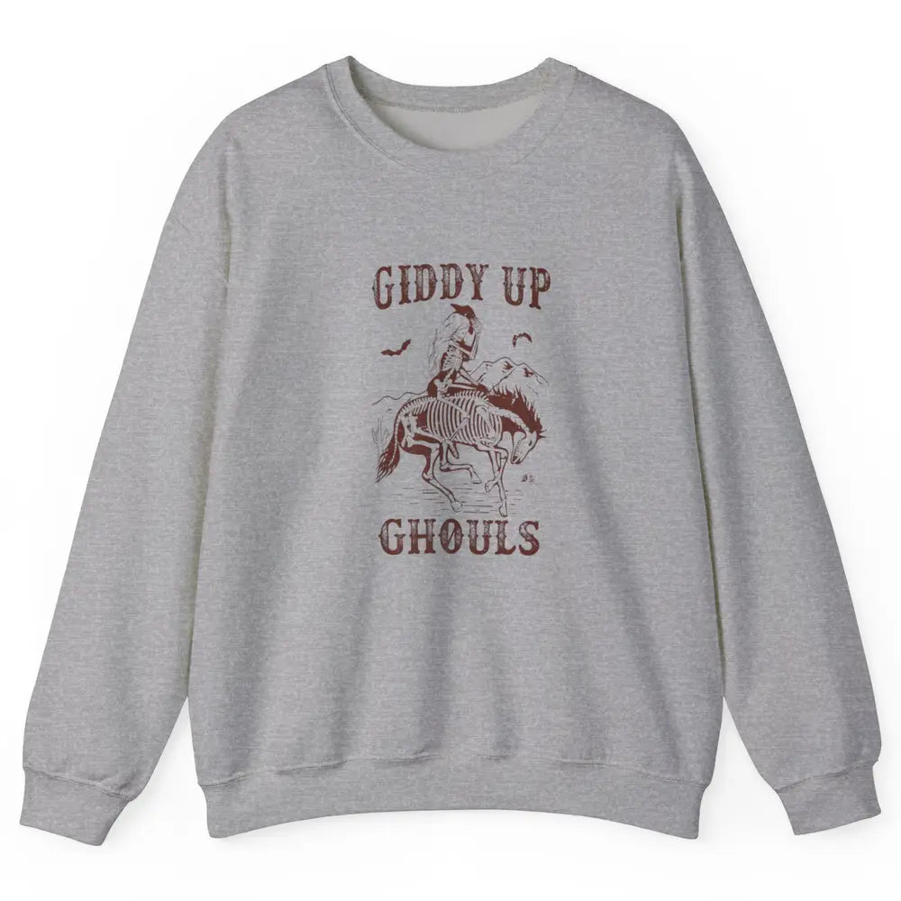 Retro Giddy Up Ghouls Skeleton Western Cowgirl Howdy Cowboy Unisex Crewneck Sweatshirt