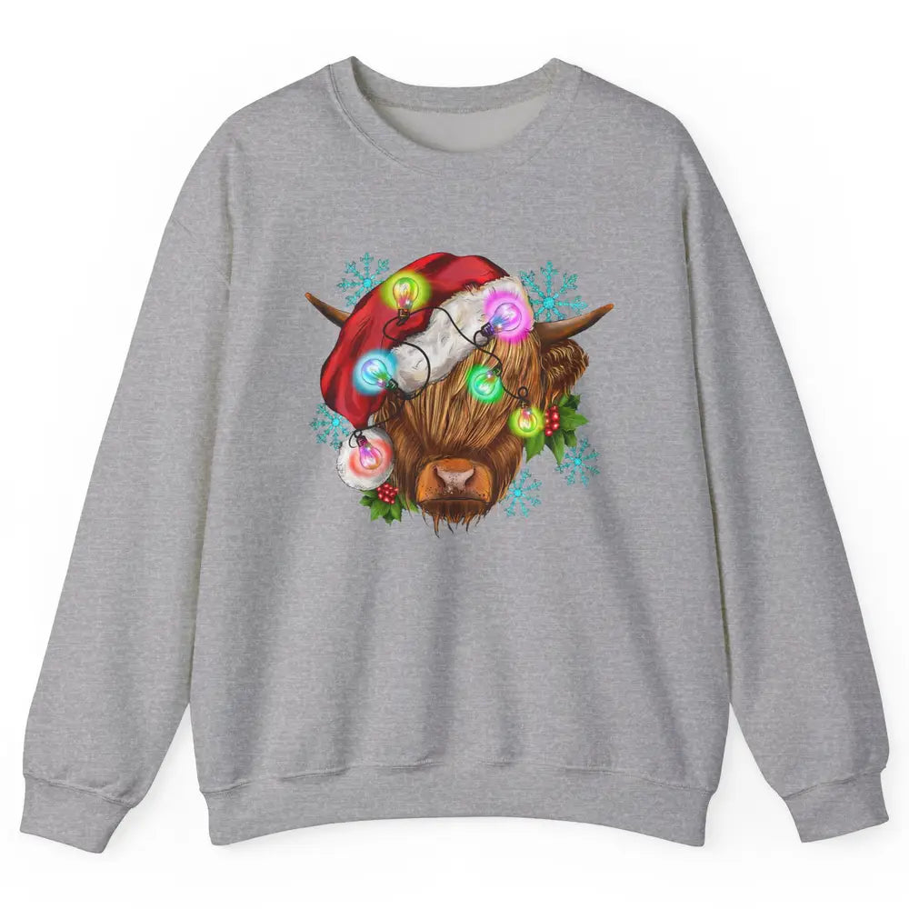 Christmas Highland Cow Xmas Light Western Christmas Cow Unisex Crewneck Sweatshirt