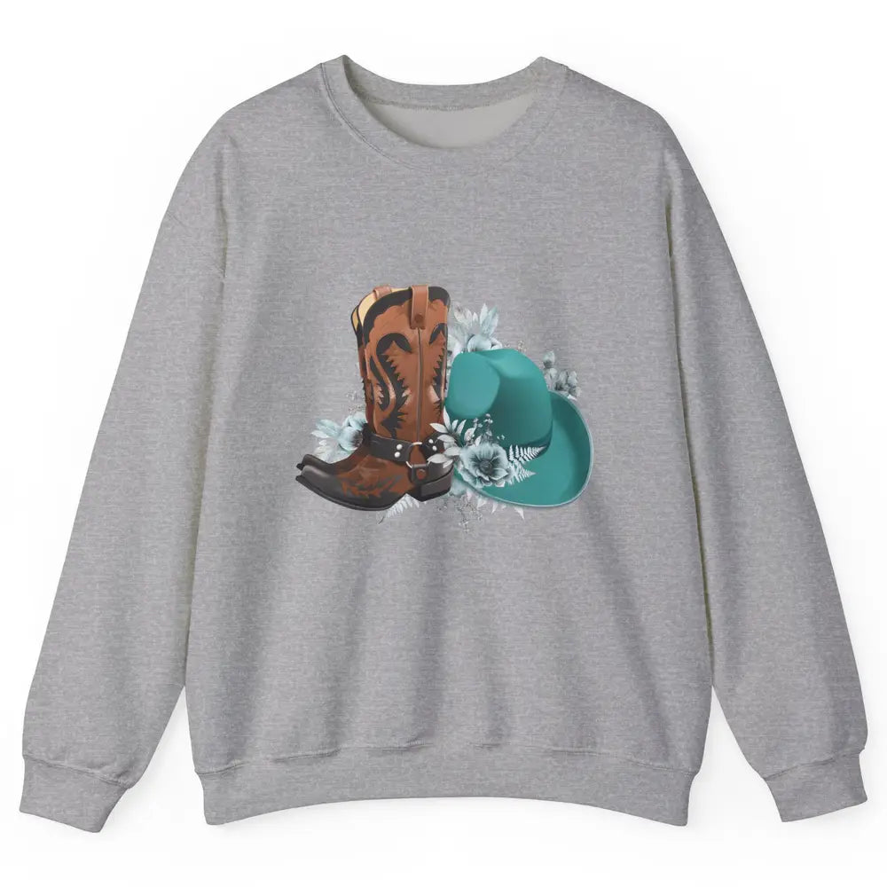 Retro Cowgirl Floral Turquoise Cowboy Boots Rodeo Western Unisex Crewneck Sweatshirt
