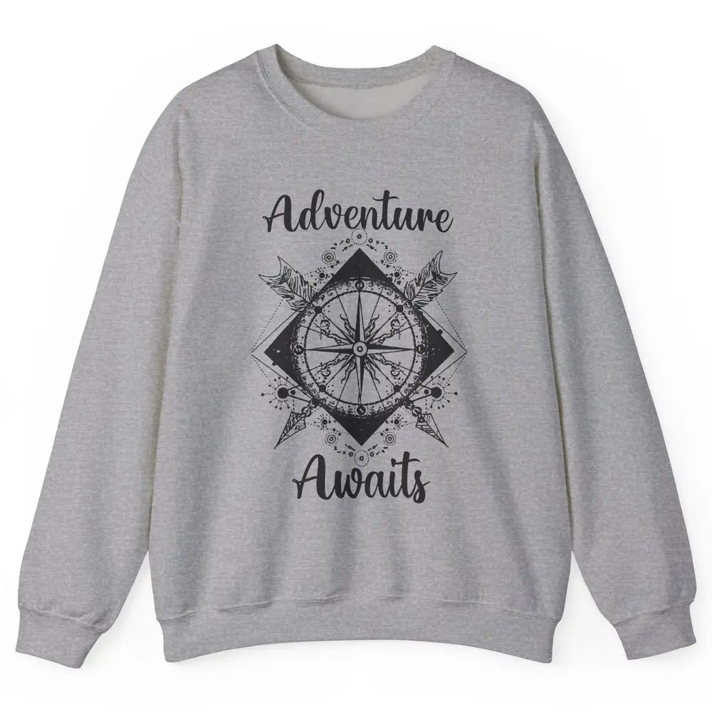 Retro Compass Mountain Adventure Awaits Camping Hiking Lover Unisex Crewneck Sweatshirt