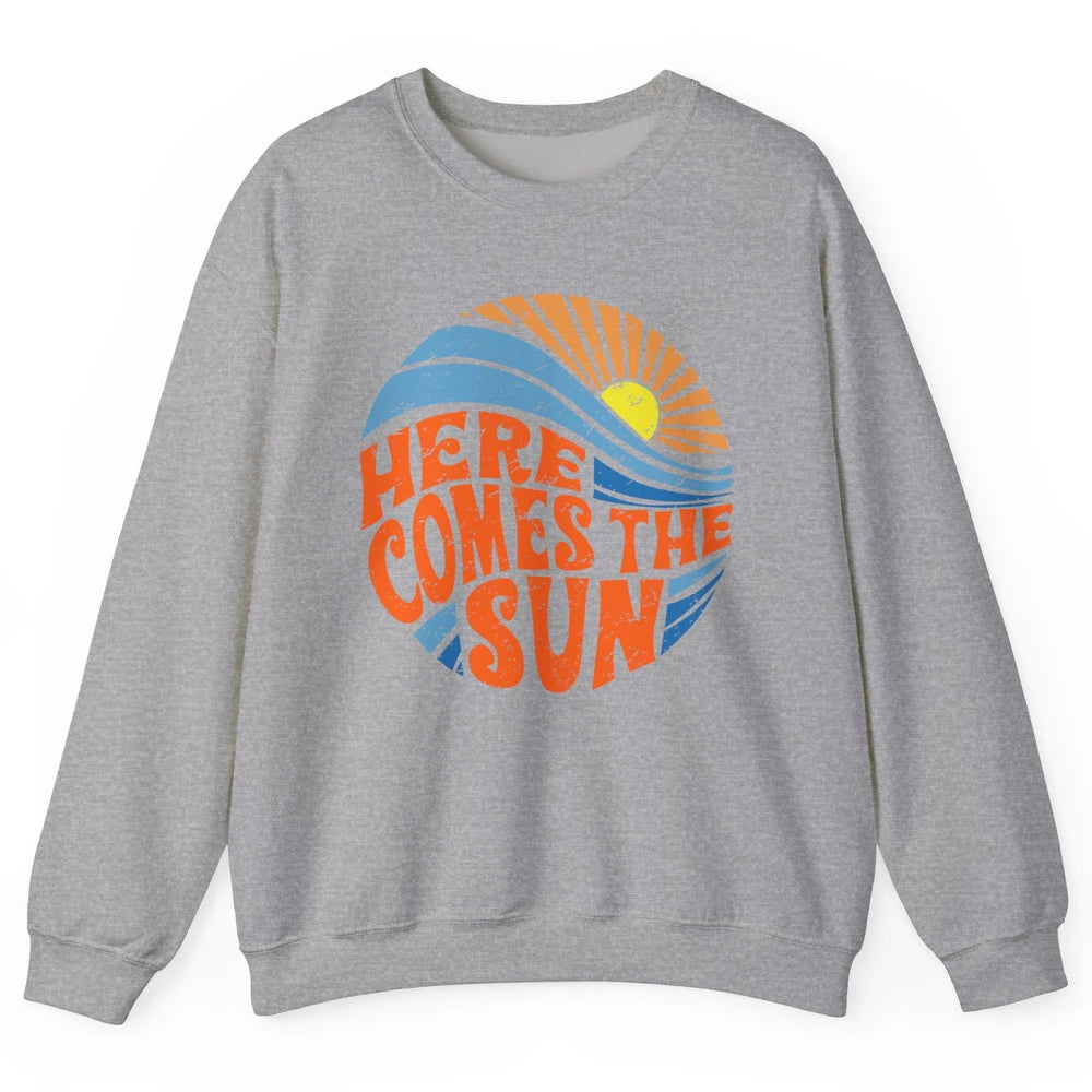Retro Rainbow Sunrise Here Comes The Sun Hippie Girl Unisex Crewneck Sweatshirt