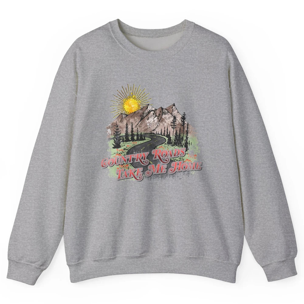 Retro Mountain Sunset Country Roads Take Me Home Western Unisex Crewneck Sweatshirt