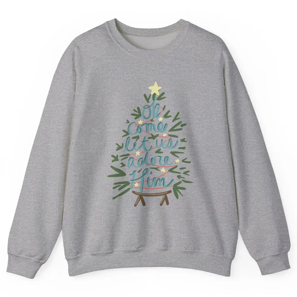 Oh Come Let Us Adore Him Groovy Christmas Tree Church Xmas Unisex Crewneck Sweatshirt